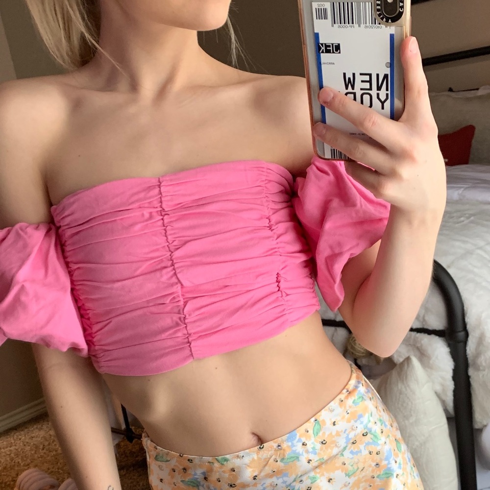 Hot pink bubble sleeve crop top